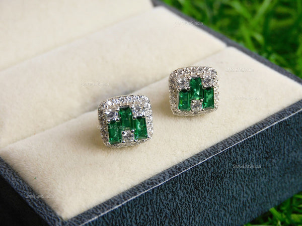 Natural Emerald Baguette & Diamond 18k Gold Stud Earrings Green Gemstone