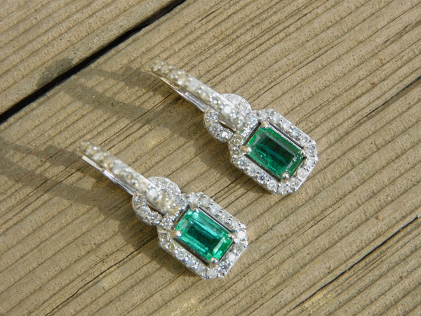 Elegant Emerald cut Natural Emerald Halo Drop Earrings in 14K Yellow Gold Geometric Design