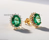 Oval shape Natural Emerald Halo Stud Earrings in 14k Gold with Diamond Accents