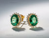 Oval shape Natural Emerald Halo Stud Earrings in 14k Gold with Diamond Accents
