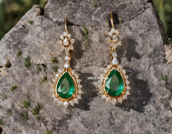 2.70 Carat Pear-Shaped Natural Emerald Tear Drop Earrings with Diamond Halo Dangle Earrings