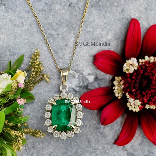 Natural Cushion Emerald Necklace in 14K Gold Diamond Halo Pendant for Her