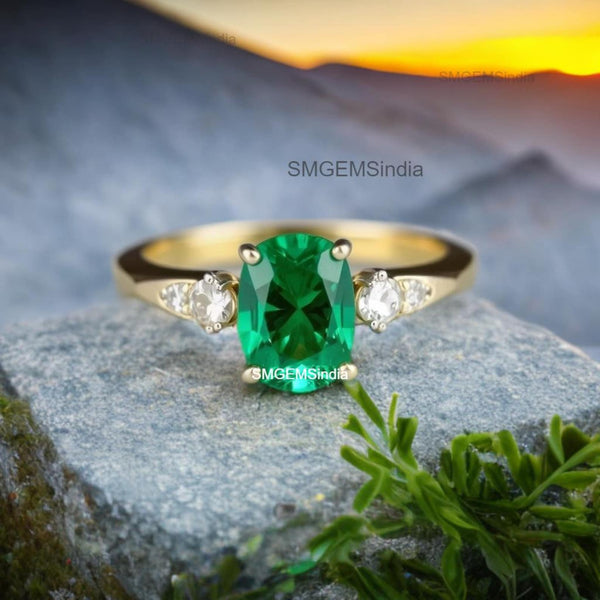 1.20 carat Oval Cut Natural Emerald and Diamond Trio Ring for Women Engagement Ring