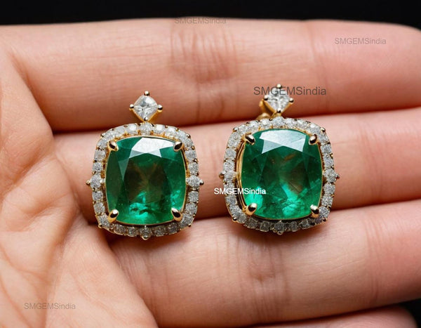 Cushion Cut Natural Emerald Halo Stud Earrings in 14K Gold Green Gemstone Gift for her&nbsp;
