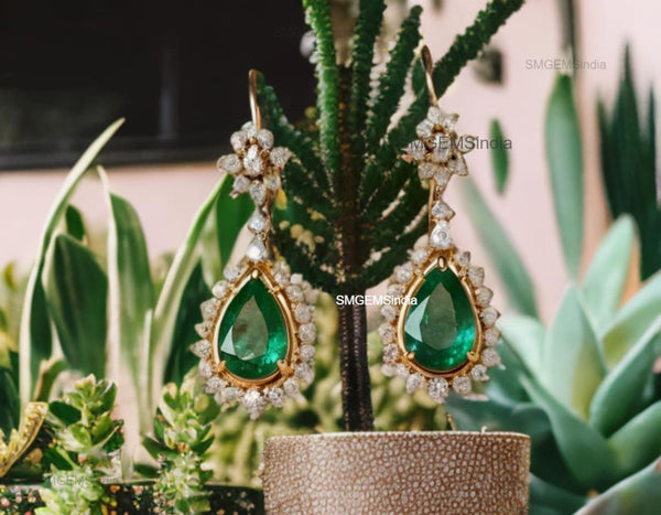 2.70 Carat Pear-Shaped Natural Emerald Tear Drop Earrings with Diamond Halo Dangle Earrings
