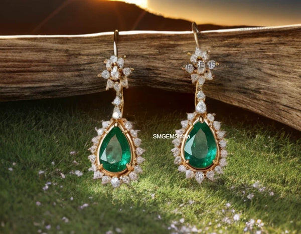 2.70 Carat Pear-Shaped Natural Emerald Tear Drop Earrings with Diamond Halo Dangle Earrings