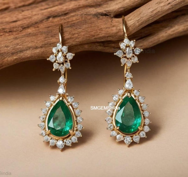 2.70 Carat Pear-Shaped Natural Emerald Tear Drop Earrings with Diamond Halo Dangle Earrings
