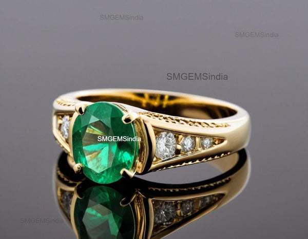 3.20 carat Oval cut Natural Emerald & Diamond Accent Ring with Split Shank Band