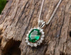 Vintage style 2.30 carat Oval shape Natural Emerald and Diamond Halo Pendant Necklace in 14K gold