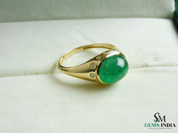 Real Emerald Cabochon Men's Ring - 18k Gold & Diamond May Birthstone