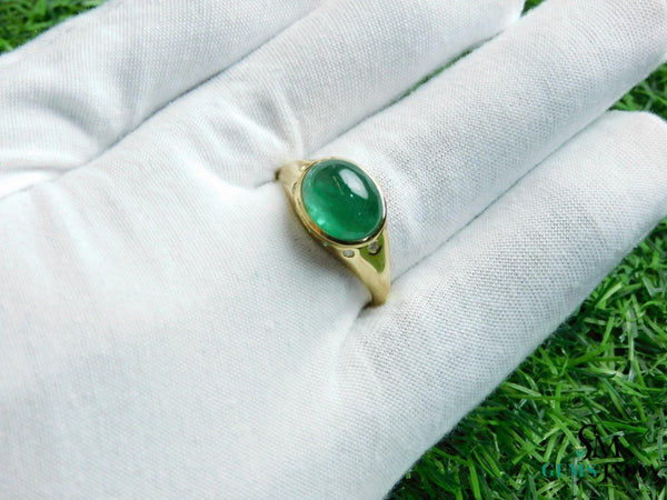 Real Emerald Cabochon Men's Ring - 18k Gold & Diamond May Birthstone