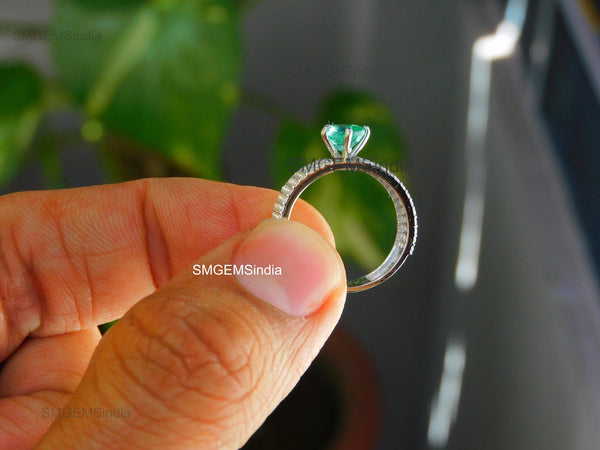 Round Natural Emerald and Diamond Multi-Row Band Engagement Ring in 14K Gold Handmade Fine Gold Jewelry