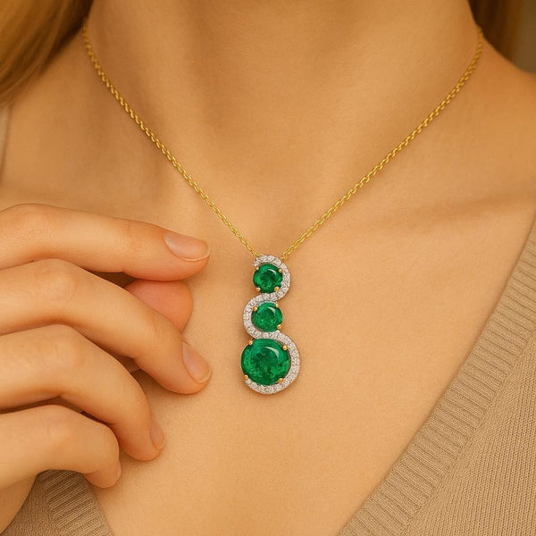 Round shaped Three Stone “S-Curve Natural Emerald and Diamond Halo Pendant Necklace in 14K gold