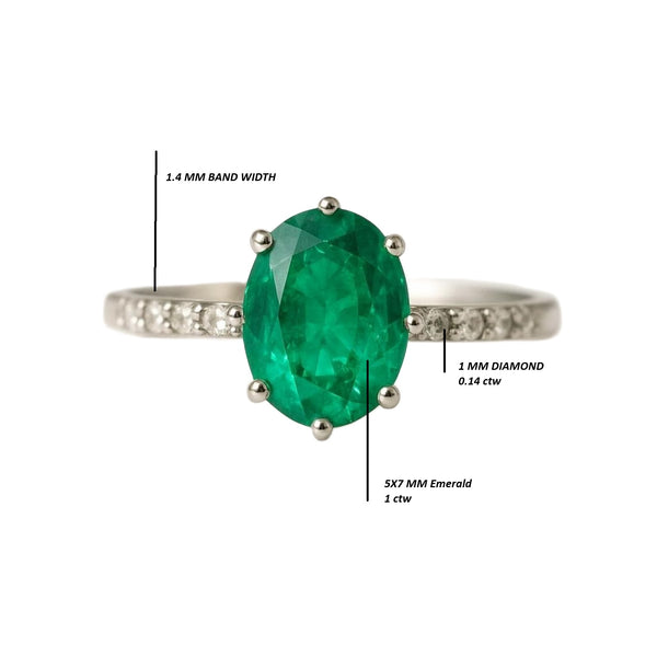 1 carat Oval Cut Natural Emerald and Diamond Ring in 14K Gold Classic Solitaire Design
