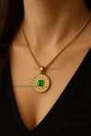 Emerald Cut Green Natural Emerald Diamond Halo Medallion Pendant in 14K Gold