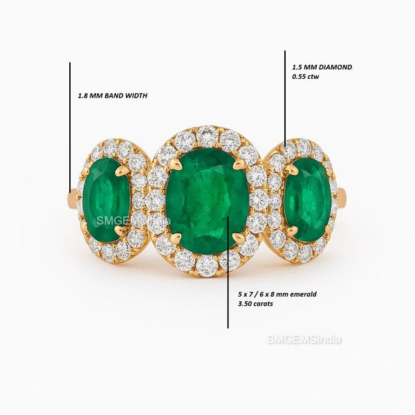 3.50ct Oval Cut Emerald Ring in Halo Setting Diamonds 14k Gold Three Stone Emerald Engagement Ring
