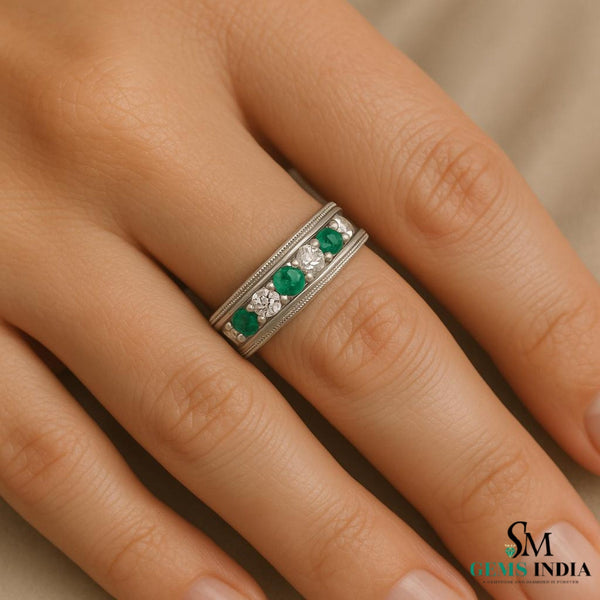 Men's 18k Gold Genuine Emerald & Diamond Wedding Band – May Birthstone
