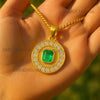 Emerald Cut Green Natural Emerald Diamond Halo Medallion Pendant in 14K Gold