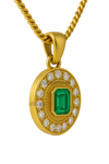 Emerald Cut Green Natural Emerald Diamond Halo Medallion Pendant in 14K Gold