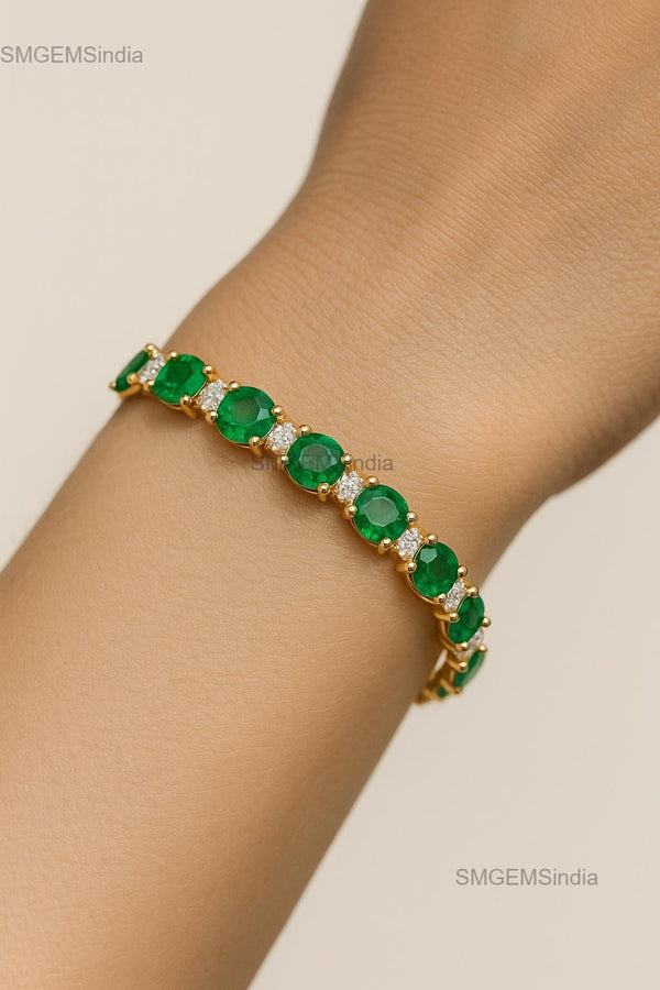 Classic Round Natural Emerald Tennis Bracelet with Diamond Accents