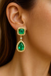 5.10 carat Luxury Emerald cut and Pear shaped Natural Emerald Teardrop Diamond Halo Earrings in Gold