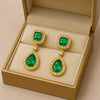 5.10 carat Luxury Emerald cut and Pear shaped Natural Emerald Teardrop Diamond Halo Earrings in Gold