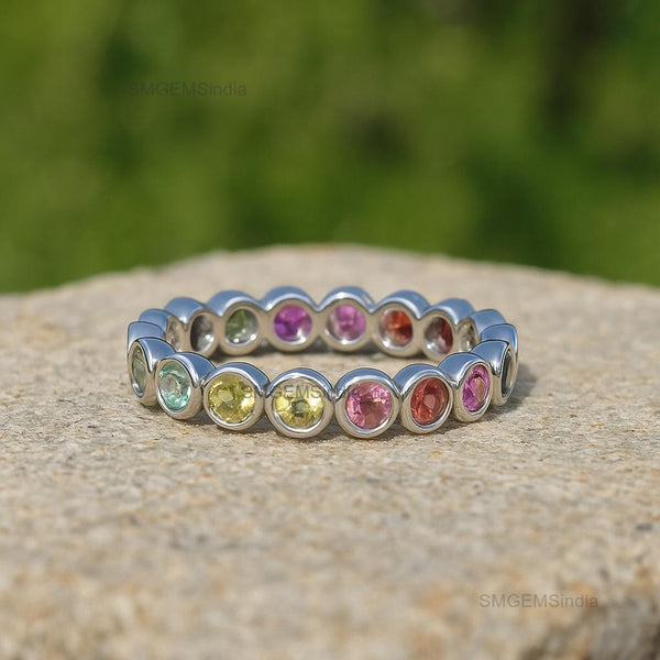 0.90 carat 14k Gold Rainbow Sapphire Eternity Band Ring Zambian Gemstone