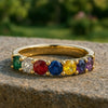 Round 14k Gold Real Rainbow Sapphire Eternity Band Ring 7 Chakras Gemstone