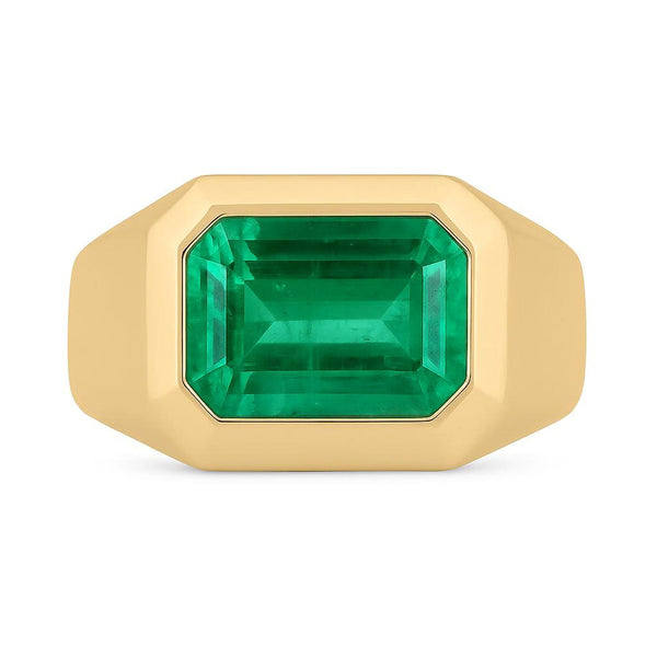 5.15 Carats 14k Emerald Men Ring, Natural Rich Vivid Emerald, Yellow Solid Gold