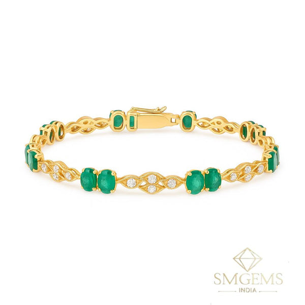 Oval Shape Natural Emerald Diamond Tennis Bracelet Green Gemstone Jewelry