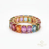 Rainbow Sapphire Diamond Eternity Band Ring Emerald cut 14k Gold Prong Setting