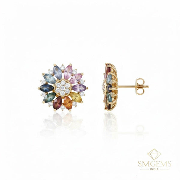 Rainbow Marquise Gemstone Flower Stud Earrings Multi-Color Floral Earrings in 14K Gold