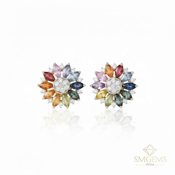 Rainbow Marquise Gemstone Flower Stud Earrings Multi-Color Floral Earrings in 14K Gold