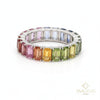 Emerald Cut Rainbow Sapphire Eternity Band Ring 14k Gold Prong Setting Full Eternity Band Ring