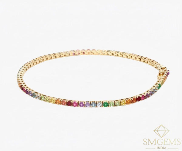 14K Gold Natural Rainbow Sapphire 4.20 carat Tennis Bracelet Round Cut Gemstones