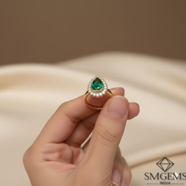 Pear Shape 2.90 carat Natural Emerald And Diamond Engagement Ring 18K Solid Gold May Birthstone Ring