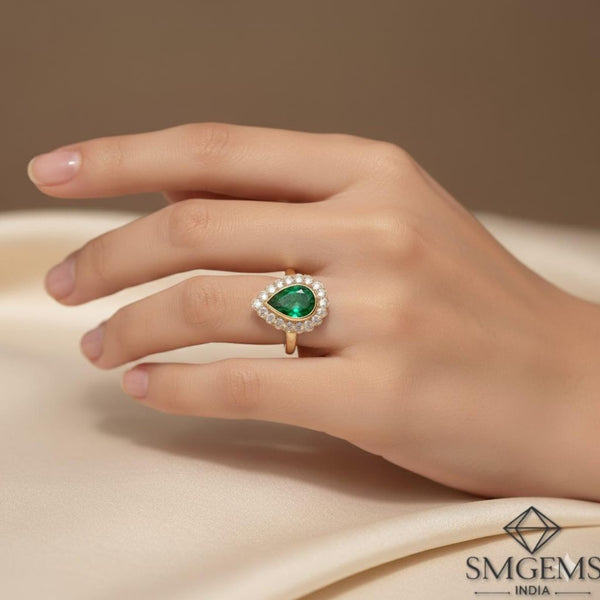 Pear Shape 2.90 carat Natural Emerald And Diamond Engagement Ring 18K Solid Gold May Birthstone Ring