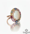 Ethiopian Opal and Rainbow Sapphire Halo Ring 14K Gold Oval and Emerald cut Gemstone Statement Ring