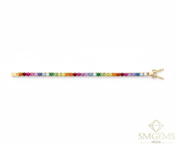 14K Gold Natural Rainbow Sapphire 4.20 carat Tennis Bracelet Round Cut Gemstones