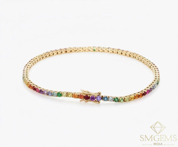 14K Gold Natural Rainbow Sapphire 4.20 carat Tennis Bracelet Round Cut Gemstones