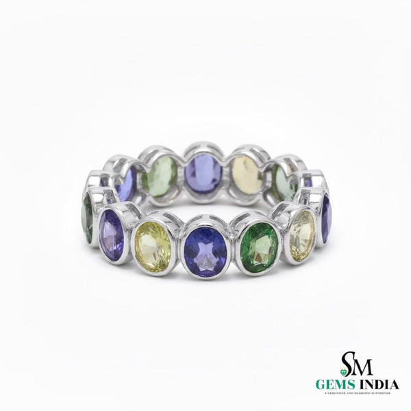 5x4MM Natural rainbow sapphire bezel set oval eternity band ring Fine Jewelry for her