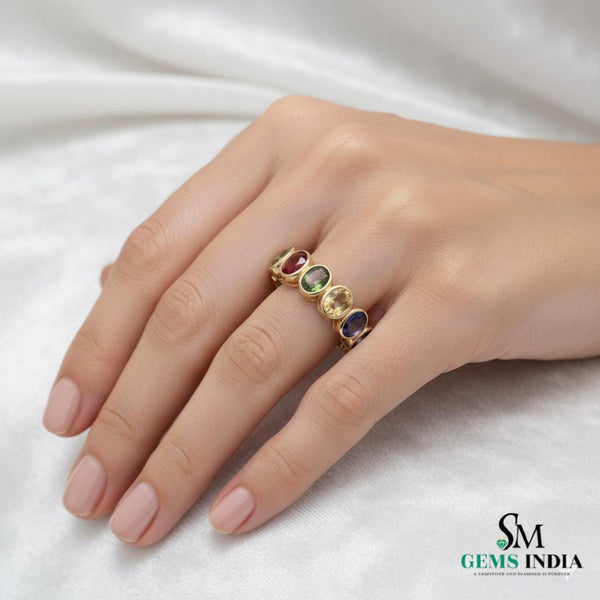 5x4MM Natural rainbow sapphire bezel set oval eternity band ring Fine Jewelry for her