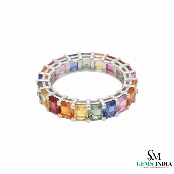 Oval Shape Rainbow Sapphire Diamond Full Eternity Band Ring 14k Gold Prong Setting