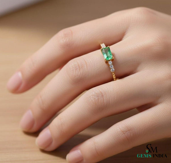 Mini Style Natural Emerald Baguette And Diamond Gift Ring - 14K Solid Gold Women Real Emerald Ring