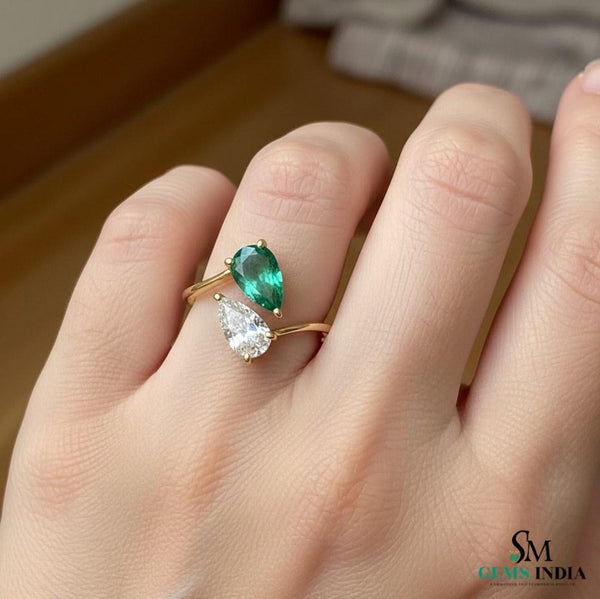 Pear Shape Natural Emerald And Moissanite Solitaire Ring - Women May Birthstone Gift Ring