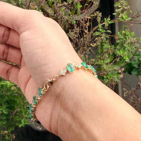 Oval cut Natural Zambian Emerald and Diamond Bracelet - 18K Solid Gold May Birthstone