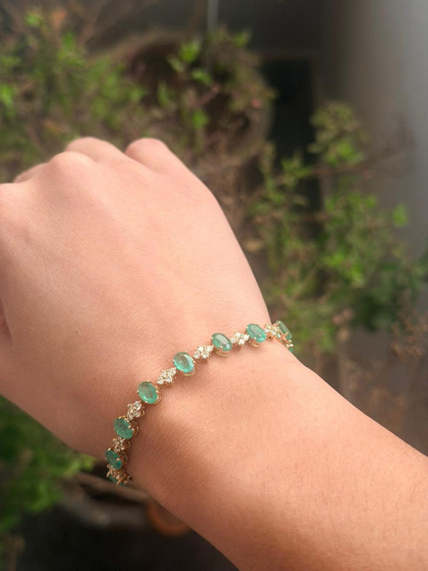 Oval cut Natural Zambian Emerald and Diamond Bracelet - 18K Solid Gold May Birthstone