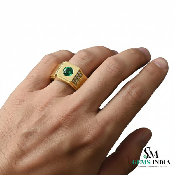Natural emerald ring for men's in 18k solid gold zambian emerald ring