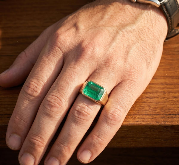 5.15 Carats 14k Emerald Men Ring, Natural Rich Vivid Emerald, Yellow Solid Gold