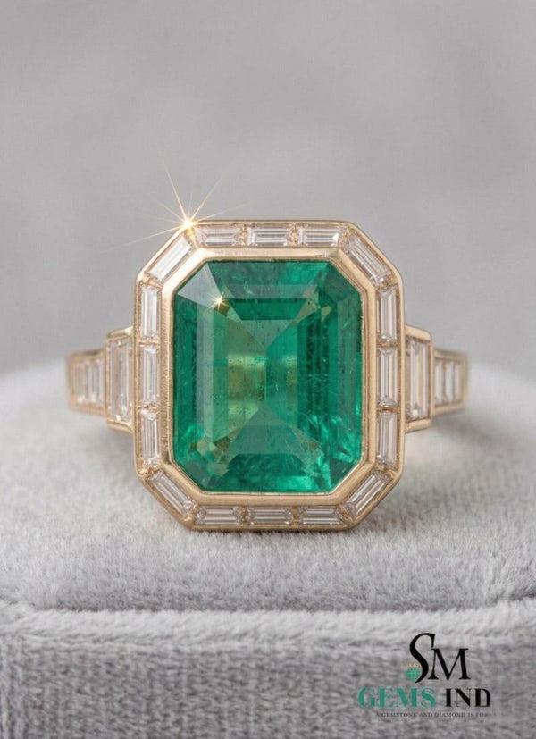 Emerald Cut Natural Emerald And Baguette Ring